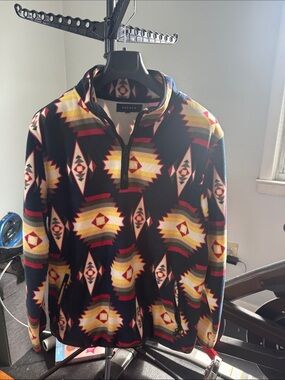 PacSun Men's Black Aztec-Pattern Quarter-Zip Sweater with Yellow & Red Accents